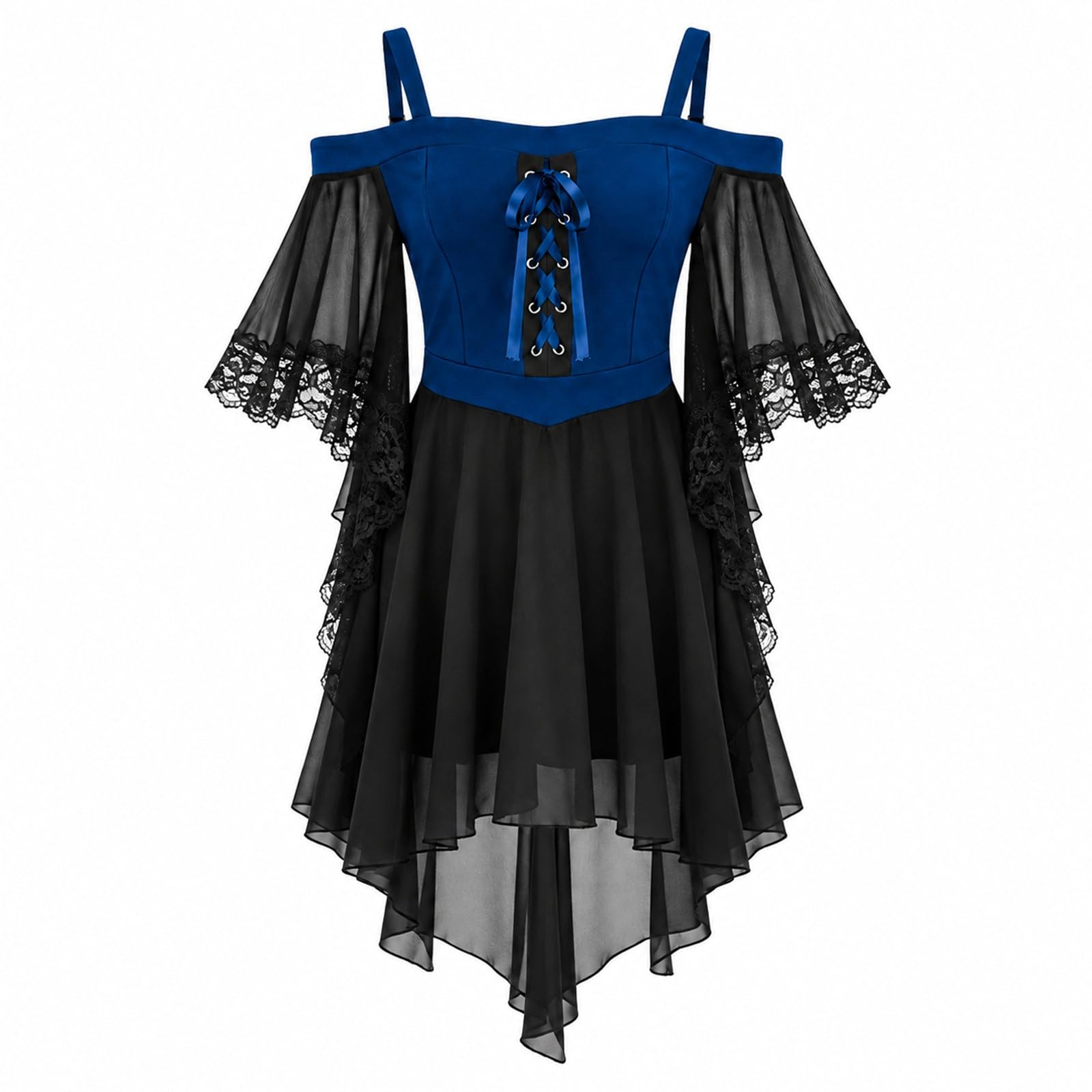 Halloween Kleid Mädchen, Gothic Kleid Mittelalter Chiffonkleid Renaissance Viktorianisches Kleider Gebundene Taille Einfarbig mit Schulterfreiem Trompetenärmeln Vampir Trompetenärmel Korsett