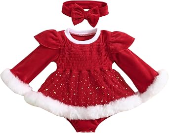 Baby Girl Christmas Outfit Newborn Santa Claus Romper Dress Xmas Fleece Princess Dresses with Headband Outfits Sequin Dress Red, 3-6 Months