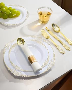 Goodluck 350 Piece Gold Plastic Dinnerware Set for 50 Guests