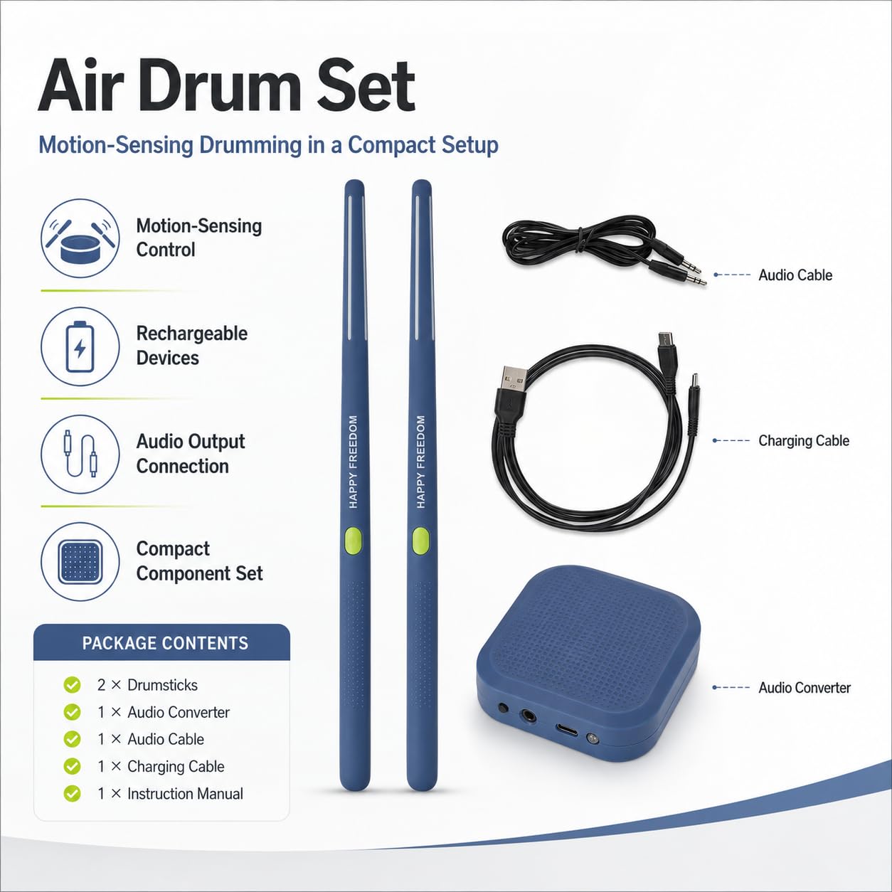 Air Drum Set Reconocimiento de detección de movimiento Baquetas de aire eléctricas compactas portátiles para adultos Niños Principiantes Cian niños amigos amantes (Azul)