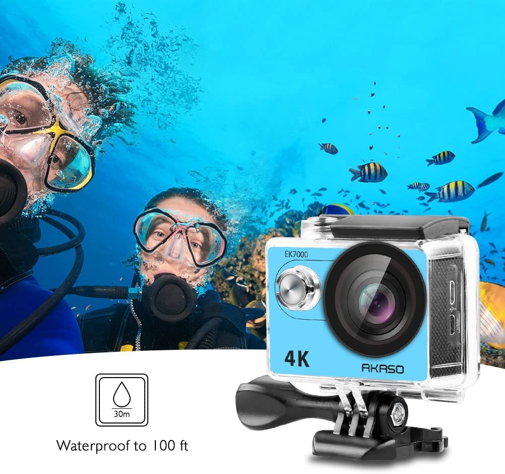 AKASO EK7000 Action Cam 4K 30FPS, WiFi 20MP Fotocamera Subacquea 30M, Videocamera Stabilizzata Caricabatterie con 2 Batterie Angolo di 170° Telecomando 2.4G e Kit Accesorios Multiples (Blu)