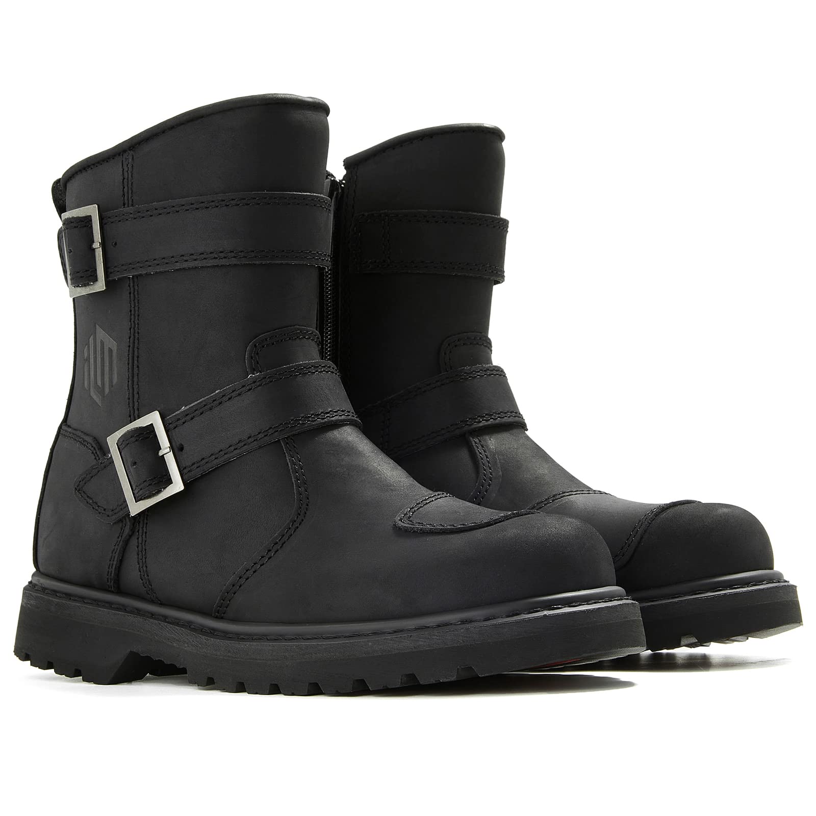 ILM Bota de Moto de Cuero Hombre Mujer Negro con Cremallera Lateral M1005