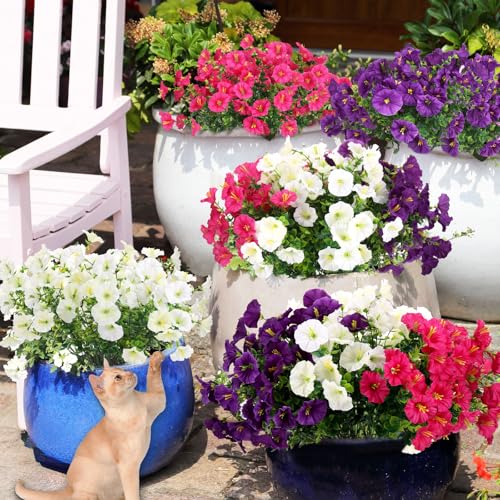 9 Bundles Artificial Flowers for Outdoors, UV Resistant Artificial Outdoor Plants Fake Flowers Outside – Realistic Faux Petunias Silk Flowers for Garden Porch Balcony Indoor Decor