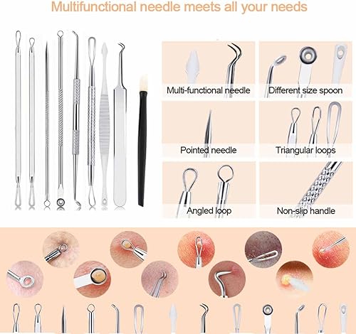 Miniatura 7 de Removedor de puntos negros, 9 piezas de herramientas para explotar espinillas, extractor de espinillas de acero inoxidable, herramienta de