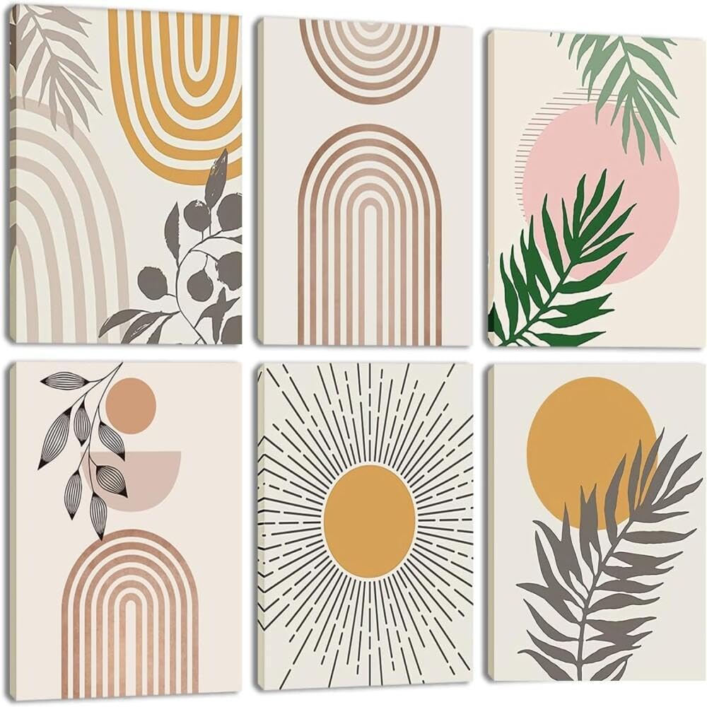 Abstract Framed Boho Wall Decor - 6 Panel Green and Grey Plant Bohemian Canvas Wall Art Sun and Moon Nature Wall Picture Artwork for Girl Women Bedroon Bathroom Living Room Kitchen Decoration 8x10inch