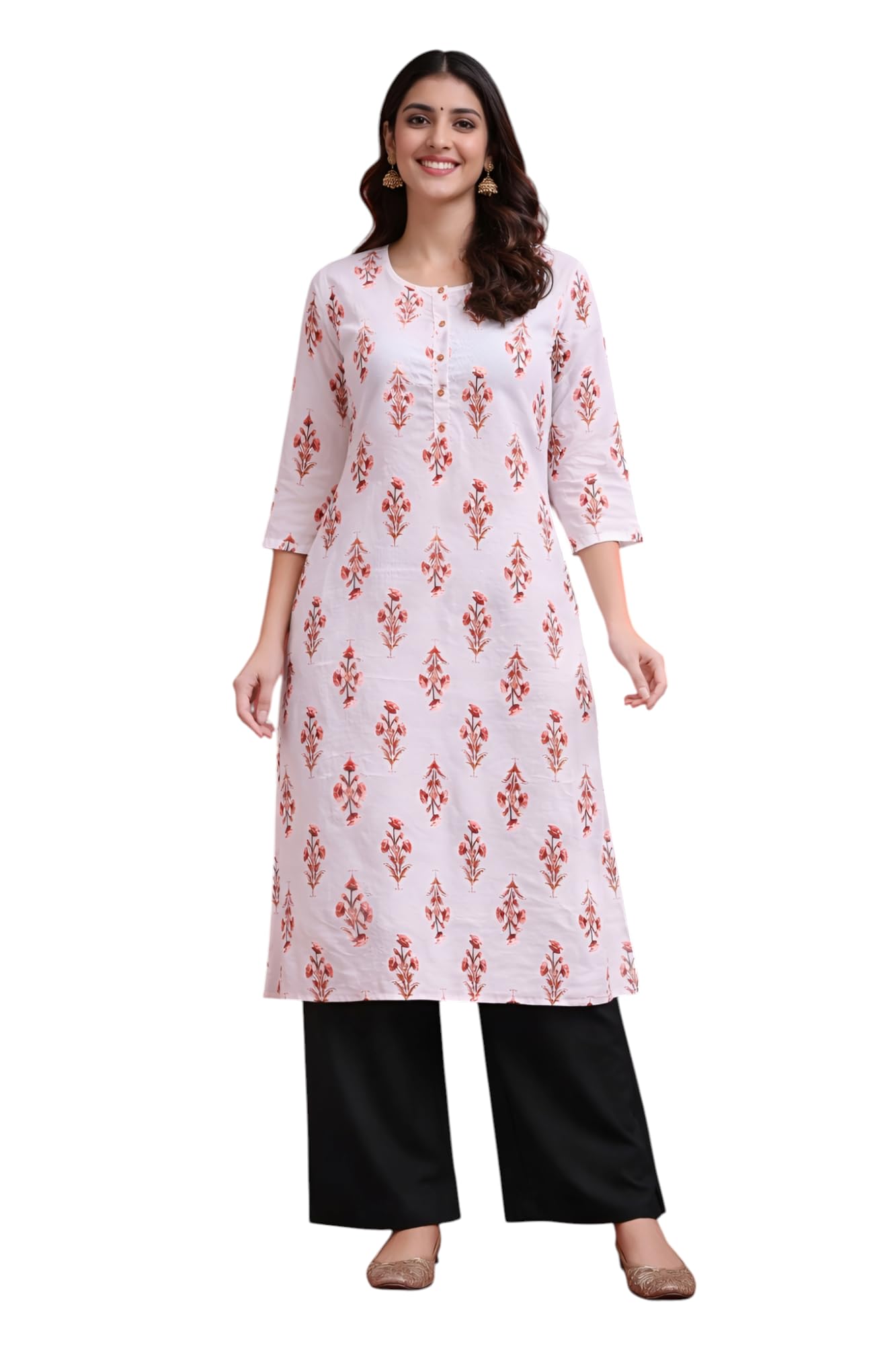 Women’s Cotton Printed Kurti for Women | Straight Fit Ethnic Kurta with 3/4 Sleeves | White Floral Print Kurti | Casual Office Wear Festive Kurta-picture-45