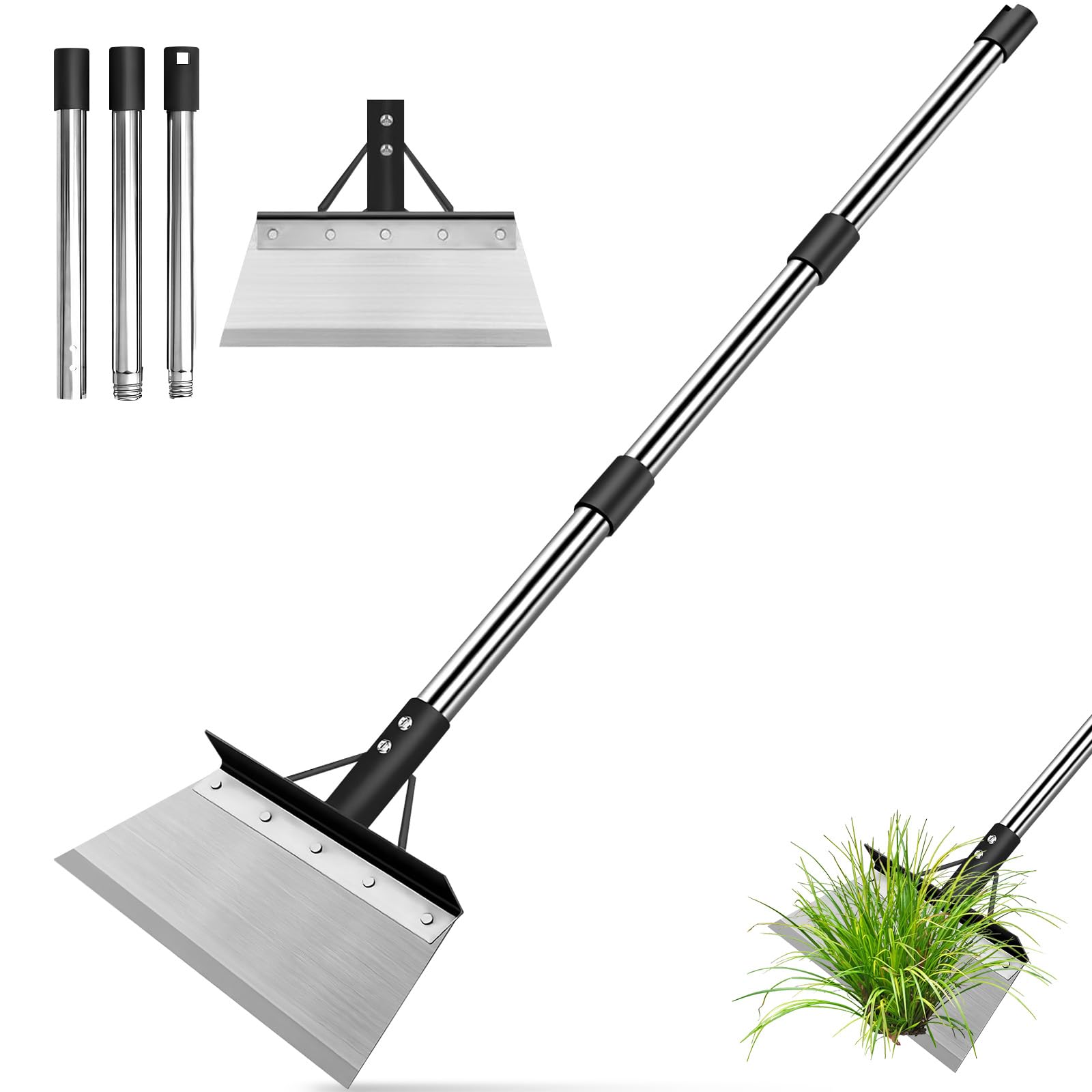 Pala de Jardín Multifuncional con Mango de 120 cm, Rascador Limpieza en Exteriores de Acero Inoxidable, Herramienta de Jardinería Ajustable para Raspar Musgo, Palear Nieve y Eliminar Malas Hierbas