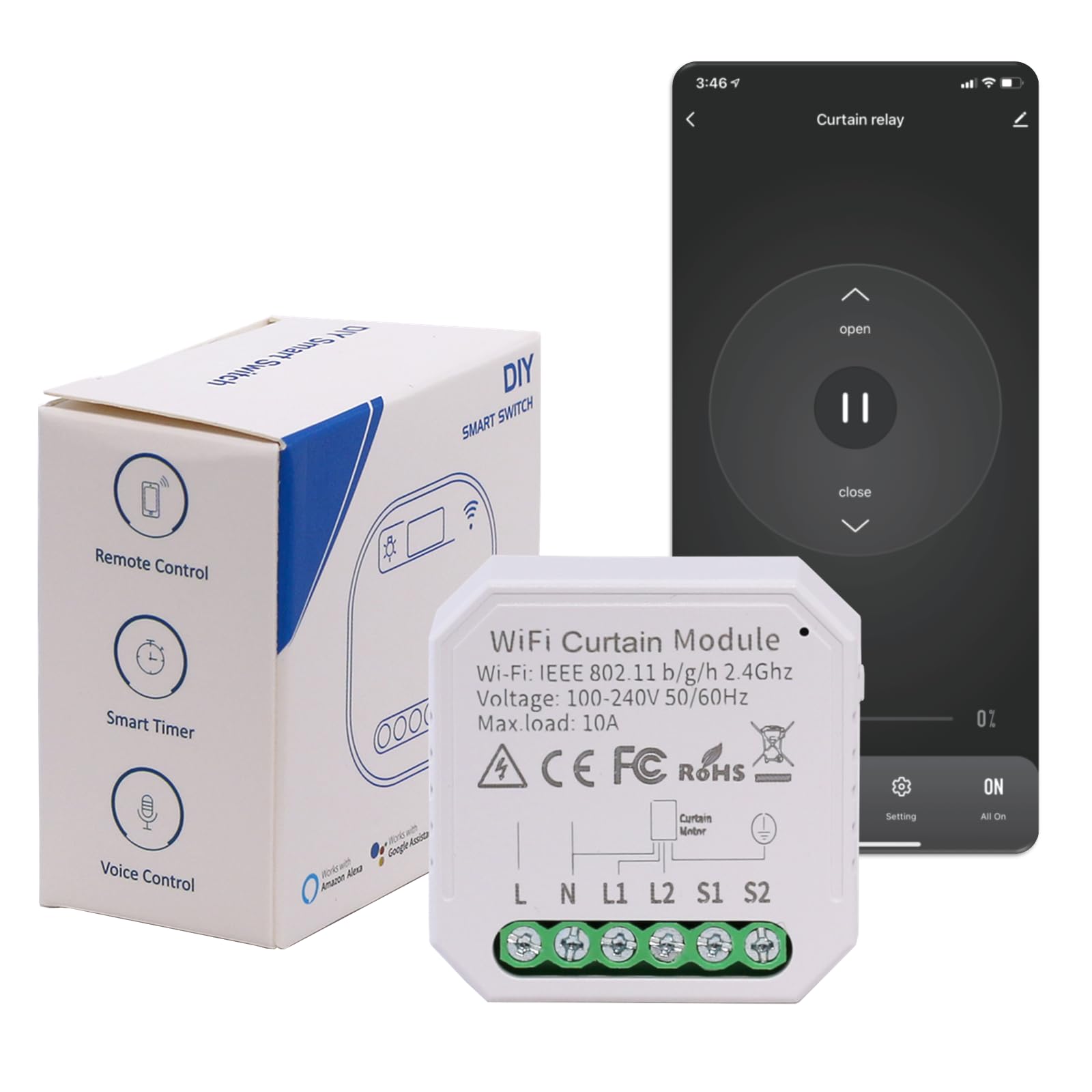 Tuya - Interrupteur Intelligent Pour Rideaux, Avec Connexion WiFi, Pour Volet Roulant Avec Moteur Tubulaire Electrique Compatible Application Google Home Alexa Echo Pour Maison Intelligente