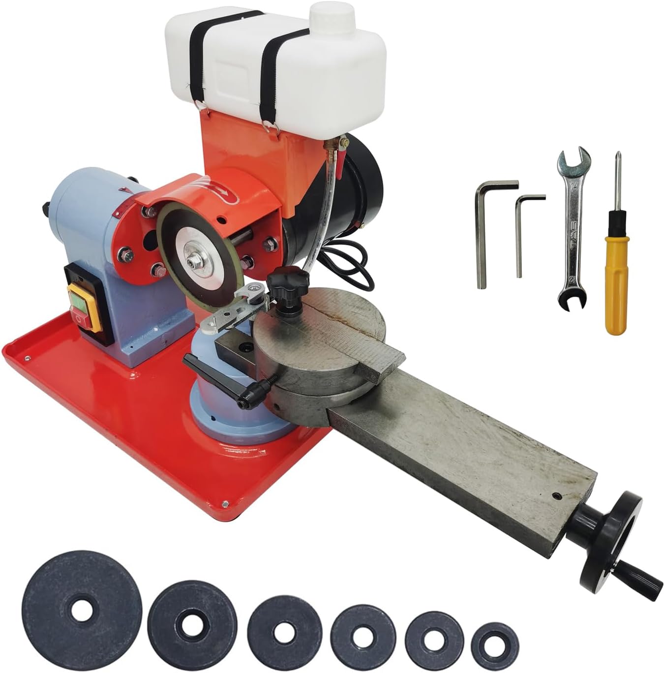 INTBUYING Round Circular Saw Blade Sharpener, Water Injection Rotary Angle Mill Grinding Machine, 5in Grinding Wheel, 6 Saw Centerings for Carbide Tipped Saw Blades, Water Injection Grinder 220V 250W