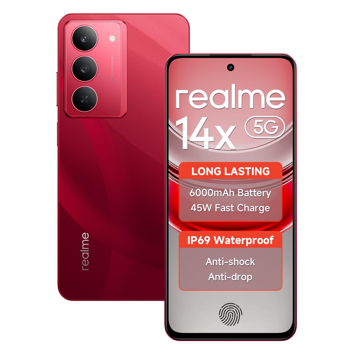 realme 14X Smartphone 5G 6GB RAM 128GB ROM 6.67″ HD+ Display 120Hz 45W Fast Charge IP69 Waterproof 50MP Camera Support Fingerprint GPS WiFi Bluetooth Red realme 14X Smartphone 5G 6GB RAM 128GB ROM 6.67″ HD+ Display 120Hz 45W Fast Charge IP69 Waterproof 50MP Camera Support Fingerprint GPS WiFi Bluetooth Red