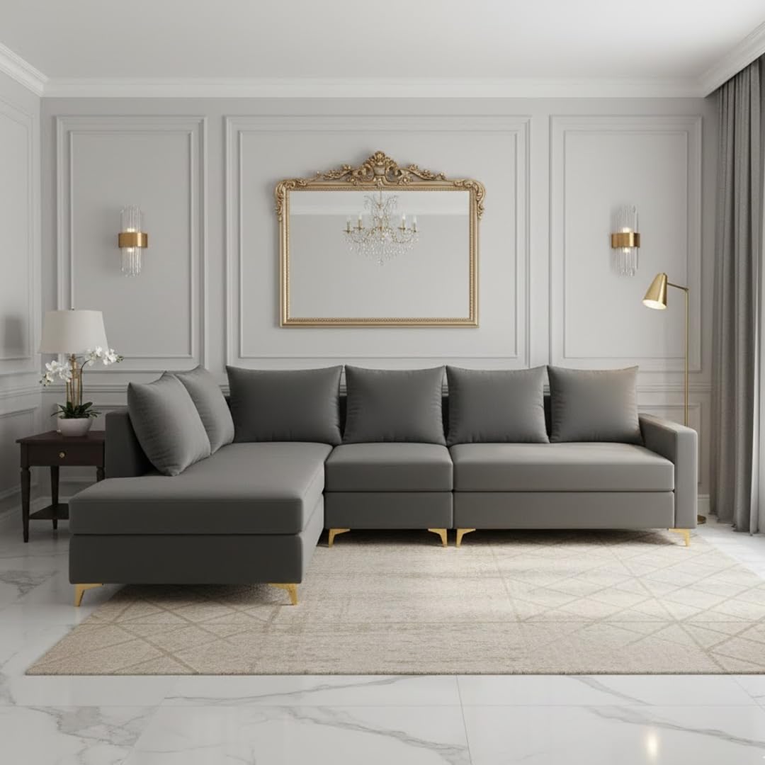 Rihanna 6 Seater Fabric LHS L Shape Sofa Set | Soft Velvet Upholstery, Sturdy Wooden Frame | Stylish Sofa for Living Room, Hall & Office Spaces (Dark Grey)