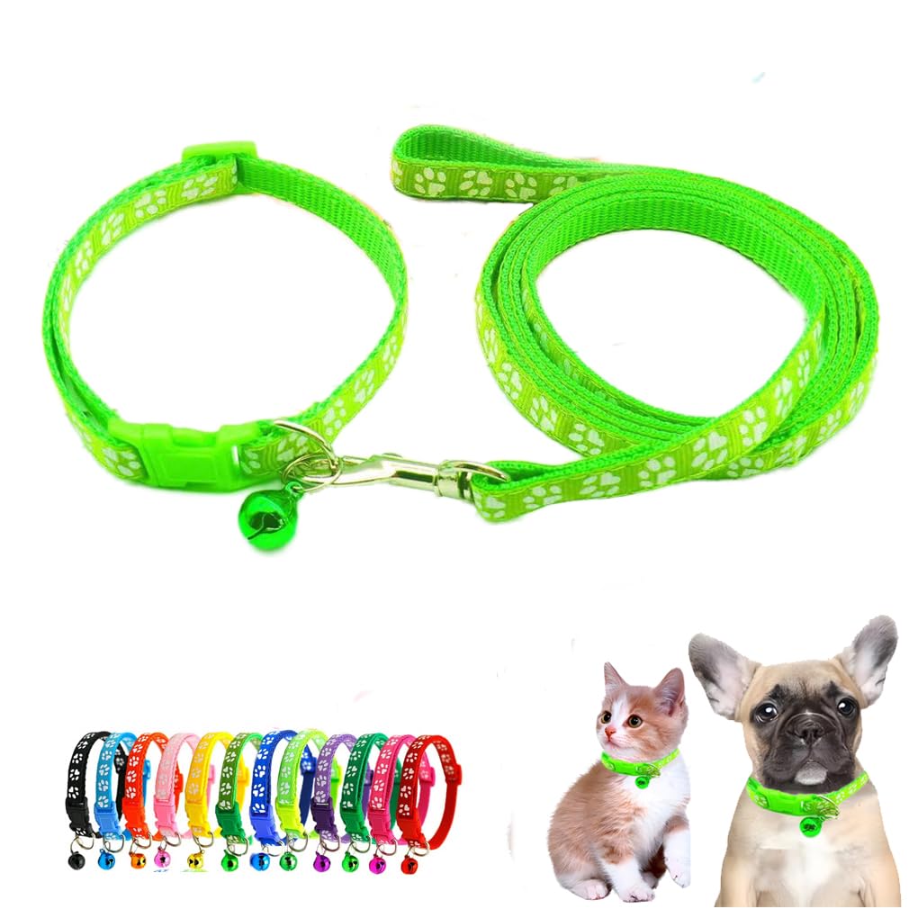Puppy Collars Leash Set For Litter With Bell, Nylon Basic Reflective Cat Collar Paw Print For XXS Xs Small Dog Pet Animal Tiny Kitten Boy Girls, Bright Green