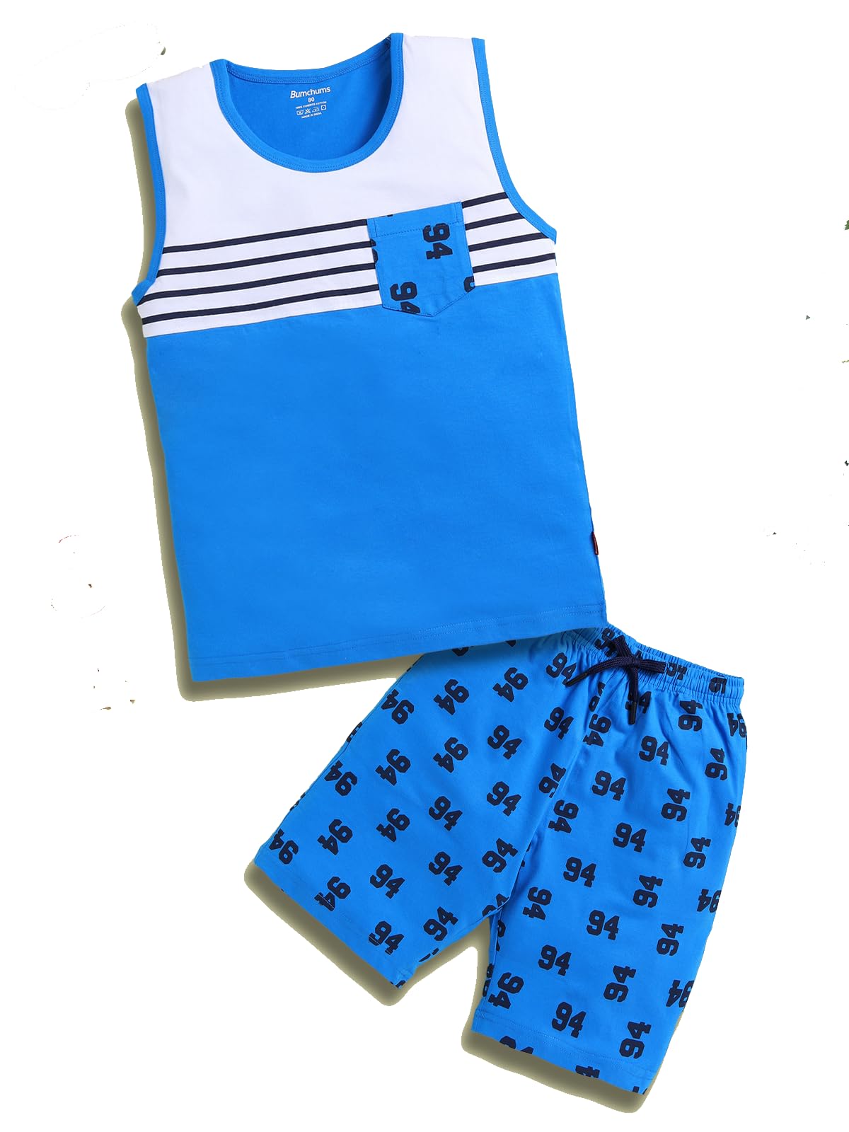 Bumchums Set di maglietta e pantaloni senza maniche per ragazzi, senza maniche, con scollo rotondo, set di abbigliamento casual, alla moda e carino, stampato