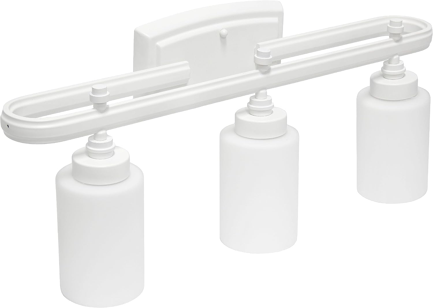Simple Designs VT1026-WHT 23.5" Modern 3 Light Metal Oval Loop and Milk White Cylinder Shape Glass Shades with Rectangular Backplate Wall Mounted Vanity, White