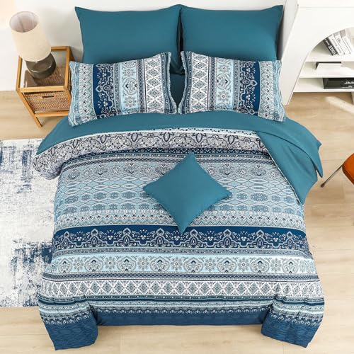 Image of Cottolester Boho Comforter Set King Size 8 Pieces, Teal Blue Comforter Bohemian Striped Bed in A Bag, Soft Microfiber Bedding Set for All Seasons