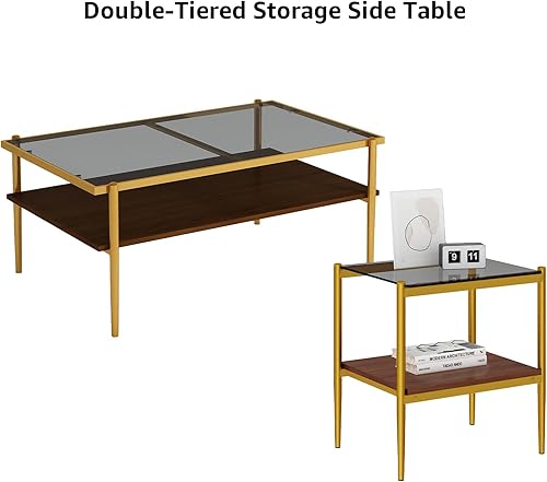 Miniatura 6 de Juego de mesa auxiliar y mesa auxiliar de 3 piezas, marco de metal dorado, mesas auxiliares superiores de cristal, estante superior cuadrado, mesas