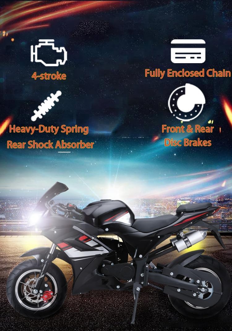 Kids Motorcycle 50cc Pocket Bike, [2025 New Upgraded] Gas Powered Motorcycle, Mini Motorcycles for Adults & Kids, Pocket Rocket Motorcycle Bike[Max Load 440lbs] Black