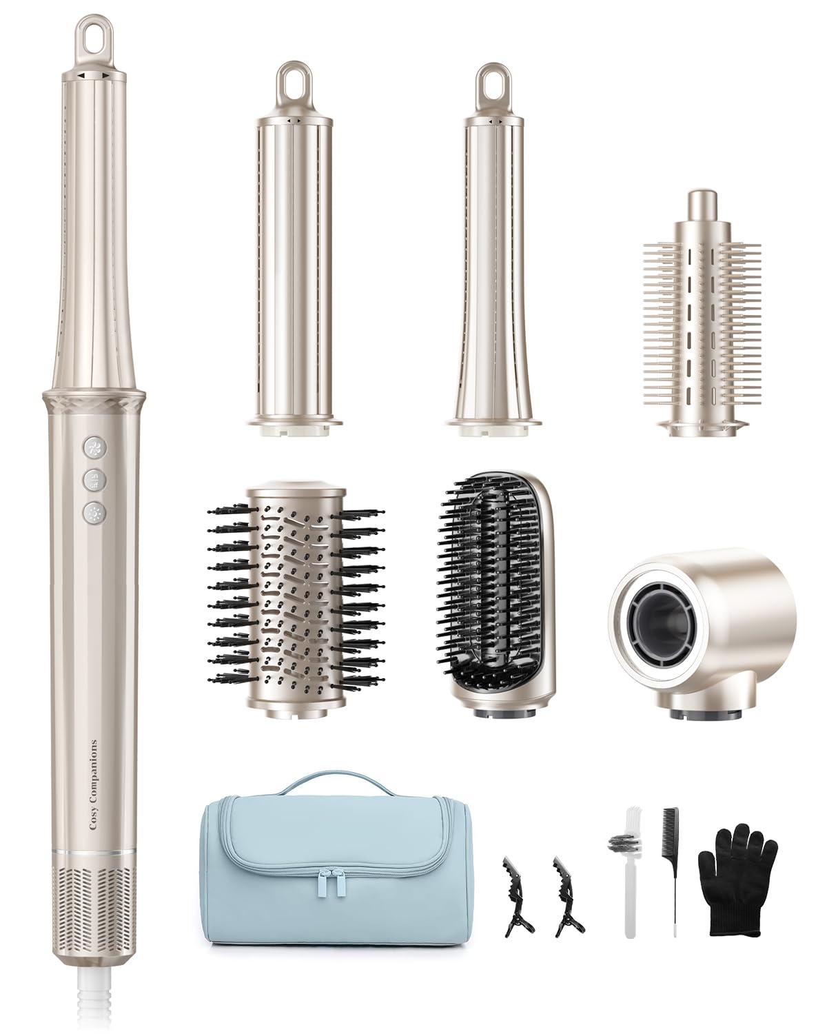 6-in-1 Hair Dryer Brush, Hair Styler with Auto-Wrap Curlers, 150,000 RPM High-Speed Negative Ionic Hair Dryer Fast Drying, Blow Dryer Brush for Curling/Volumizing/Straightening with Travel Bag, Gold Warm Gold