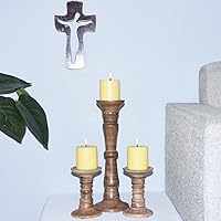 Vista 21 de Juego de tres portavelas de pilar de 6 pulgadas, 12 pulgadas y 6 pulgadas de madera de mango hecho a mano Pulido oscuro