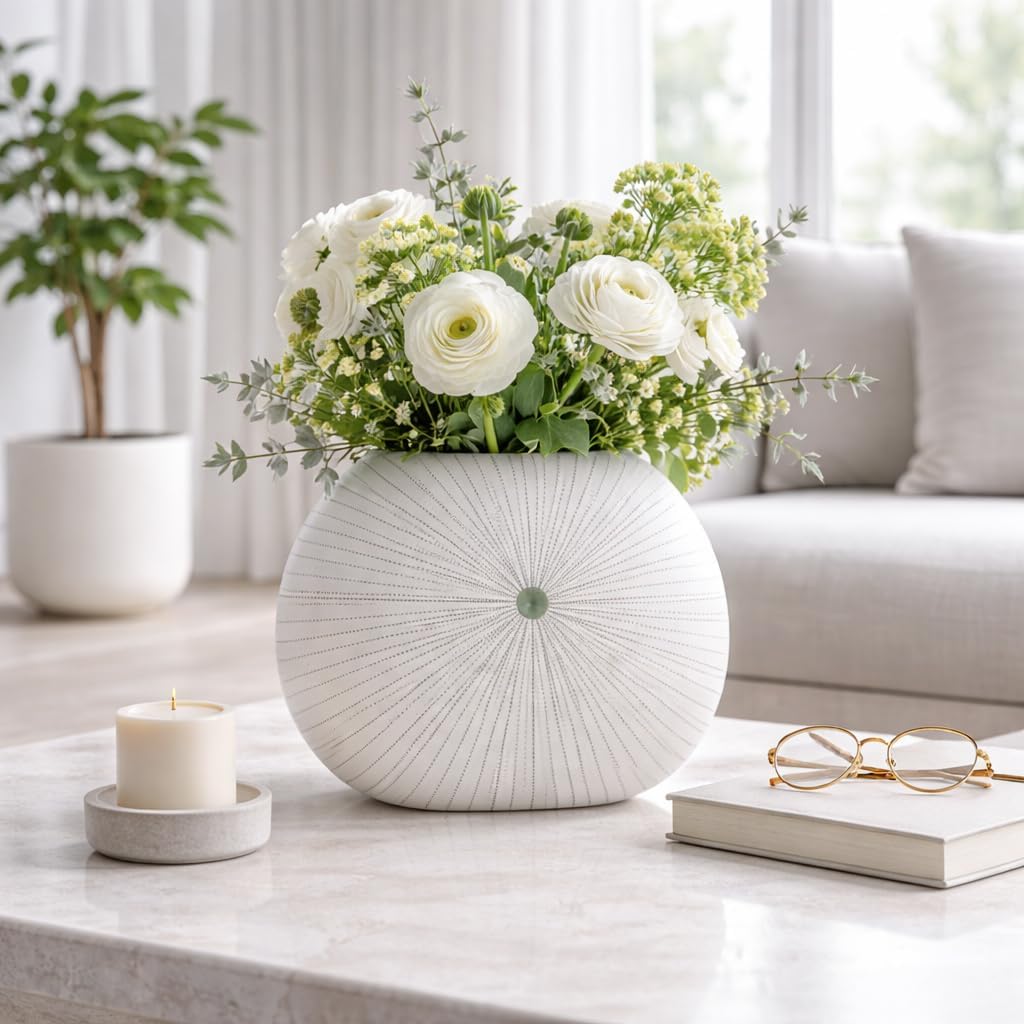 Stylish Round Dotted Shell Vase for Living Room Decor - Coastal Inspired Flower Vase Perfect for Bedroom, Office Accent, or Home Decor - Decorative House Vase for Table Centerpiece - 9", Green & White