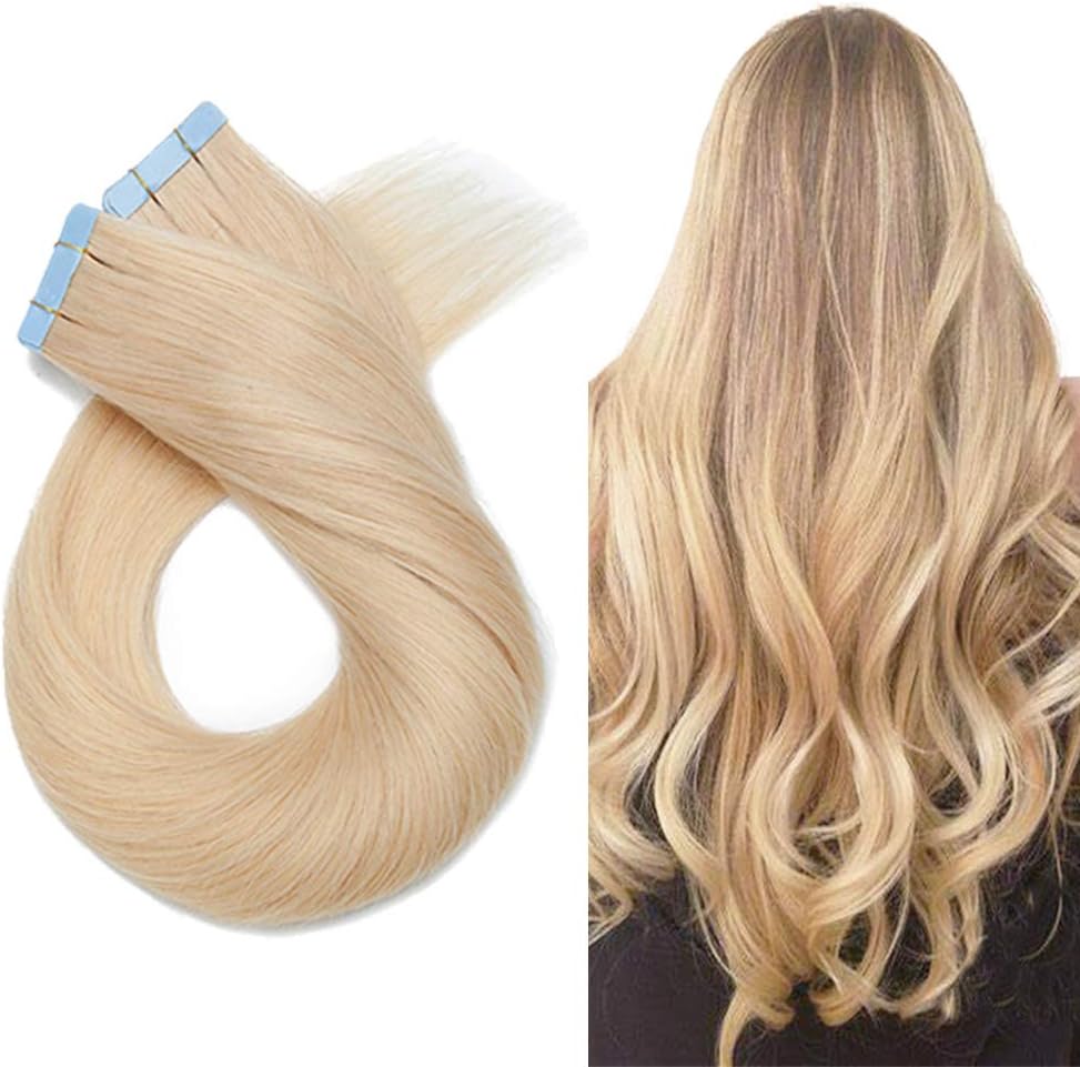 HairroTape In Hair Extensions Human Hair Tape Ins Glue In Skin Weft Rooted Tape On Hair Extensions Seamless Invisible Blonde Hair Extensions For Women 24 inch 30g 20pcs #613 Bleach Blonde