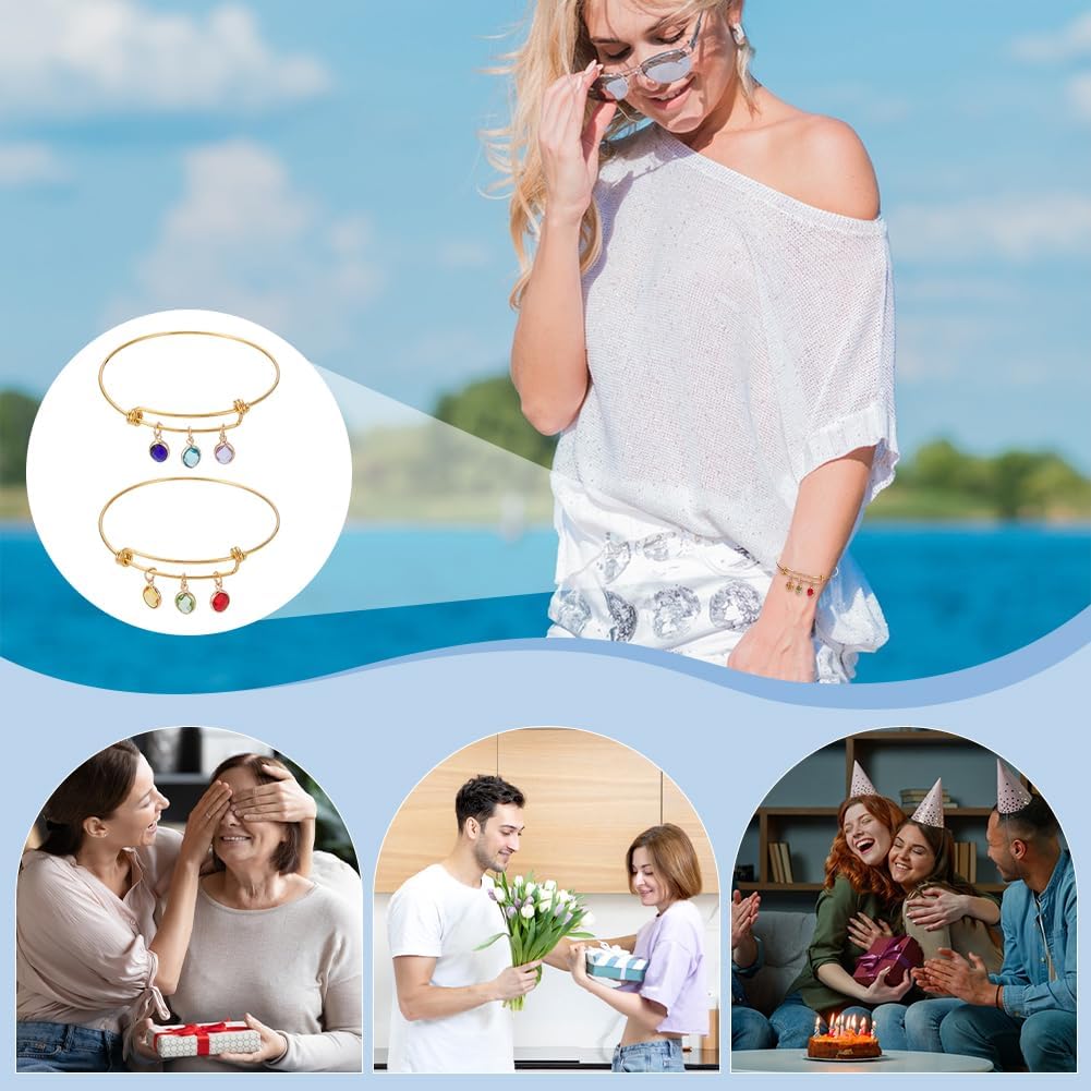 UNICRAFTALE 4Pcs 2 Styles Geominimalist Birthstone Bracelet 304 Stainless Steel Charm Bangles for Women Golden Birthstone Bangle with Glass Pendants for Birthday Jewelry Gift - Image 5