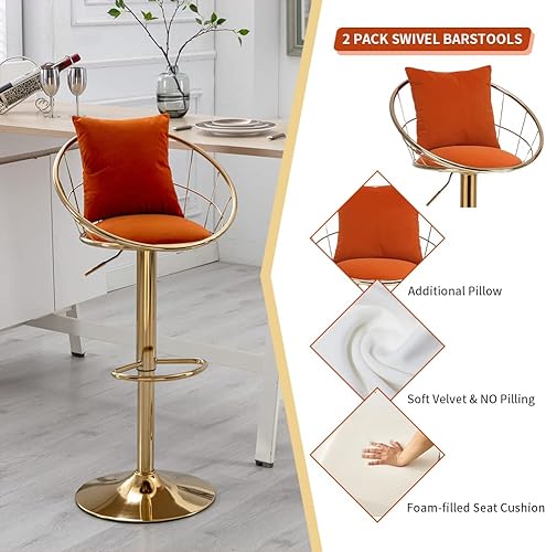 Miniatura 10 de Juego de 2 taburetes de bar giratorios de terciopelo, sillas de bar ajustables con respaldo y reposapiés, silla moderna para isla de cocina,