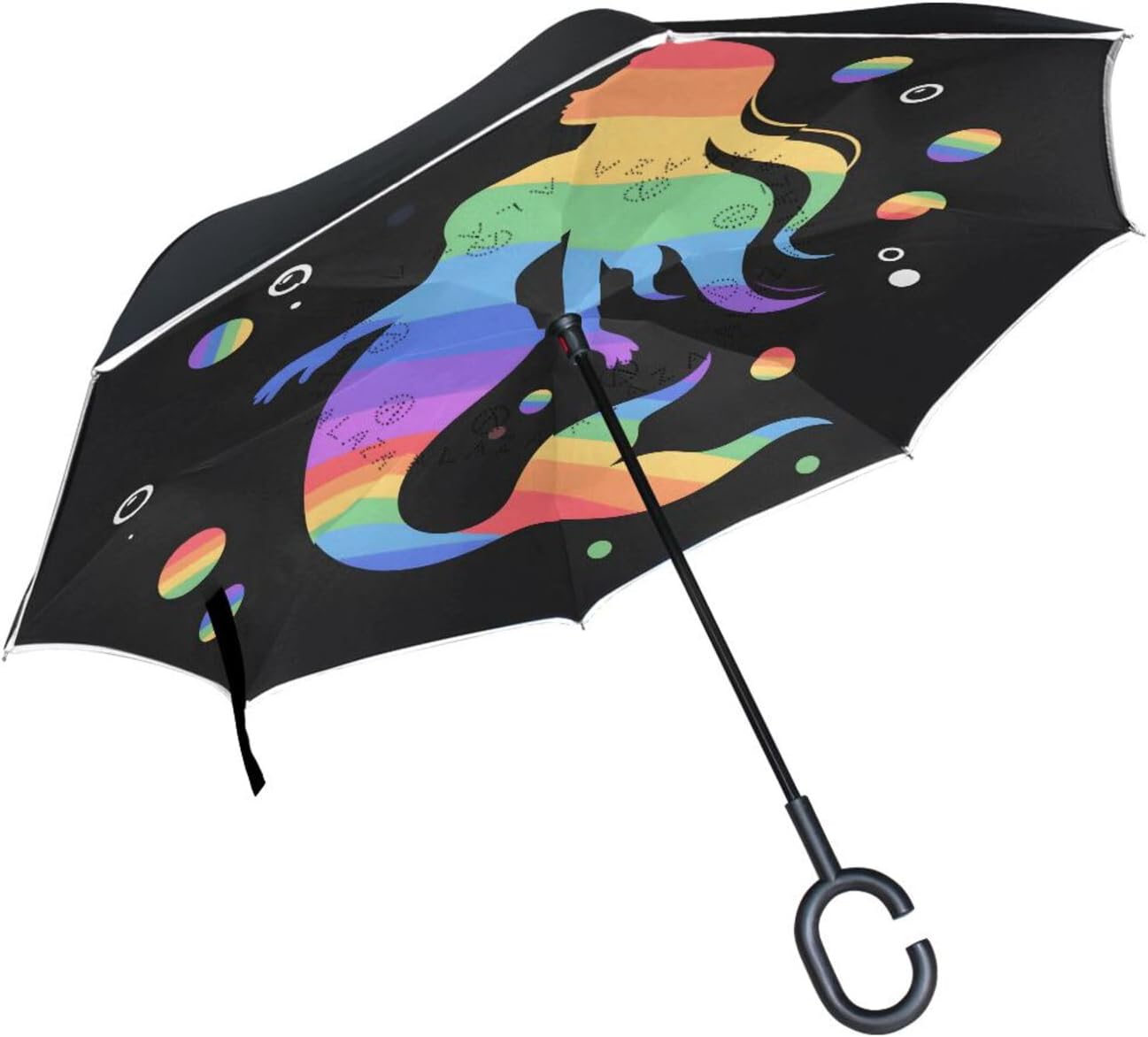 Rainbow Mermaid Bubble Inverted Umbrellas for Rain Windproof Reverse Upside Down Golf Umbrella with C-shape Handle for Men Women