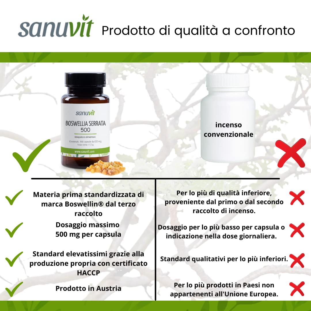 Sanuvit® - Cápsulas de Incienso 500 mg | Altamente dosificado con 500mg de Boswellia serrata india por cápsula | Alta biodisponibilidad | con Boswellin® | Vegano | 180 cápsulas