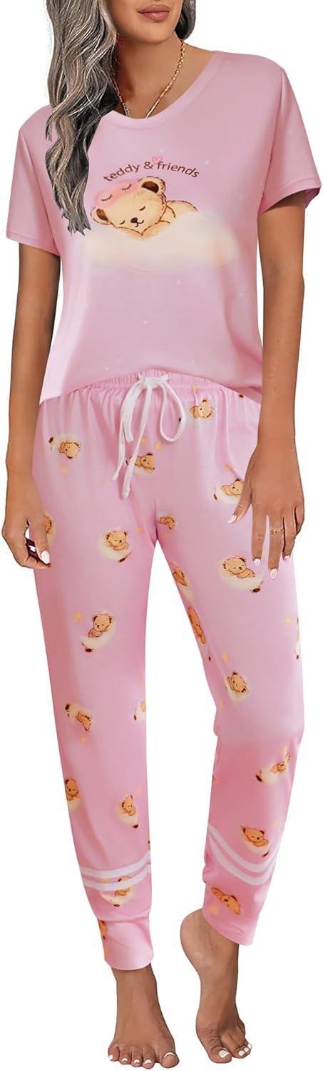 Ekouaer Womens Pajamas Set 2 Piece Lounge Pj Set Short Sleeve Sleepwear Tops with Joggers Pants Loungewear Print Nightwear