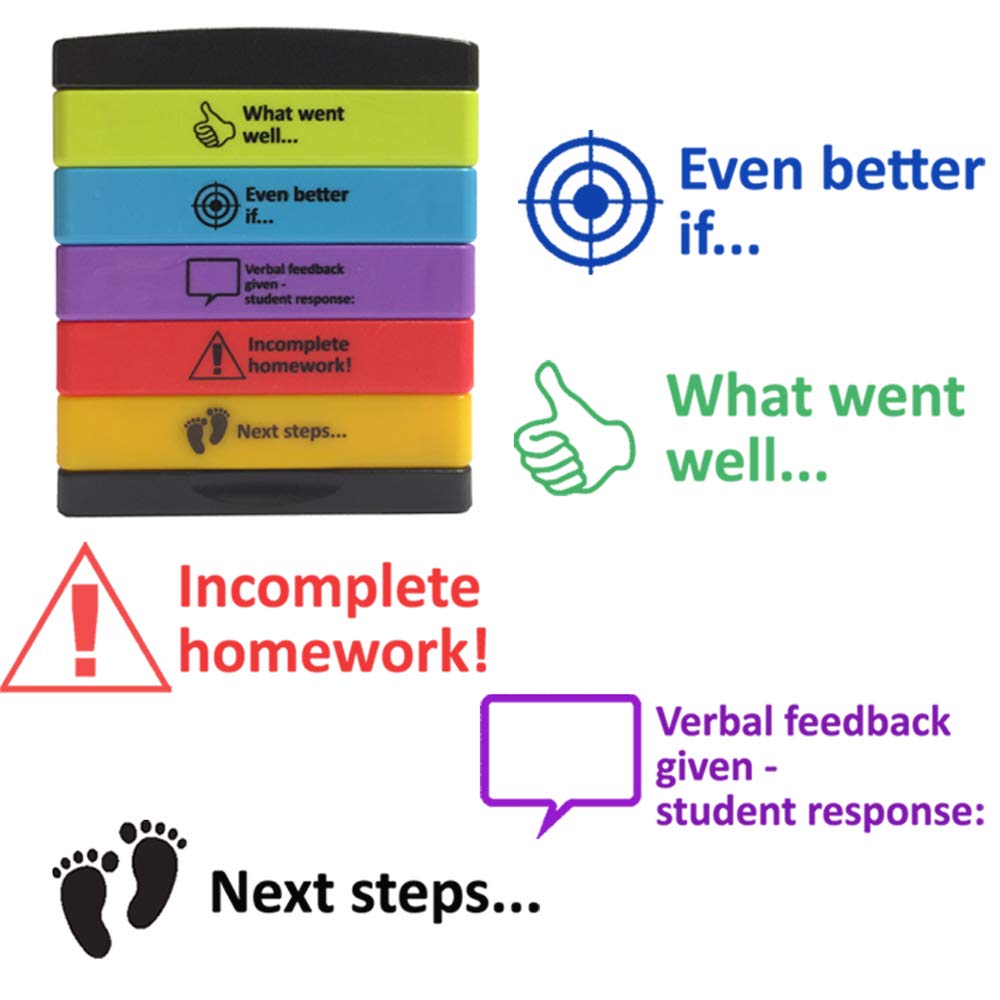 Classroom Capers Teacher Feedback 5-In-1 Layer Stamp: What Went Well, Even Better If, Verbal Feedback Given/Student Response, Incomplete Homework, Next Steps. Reinkable Stamper