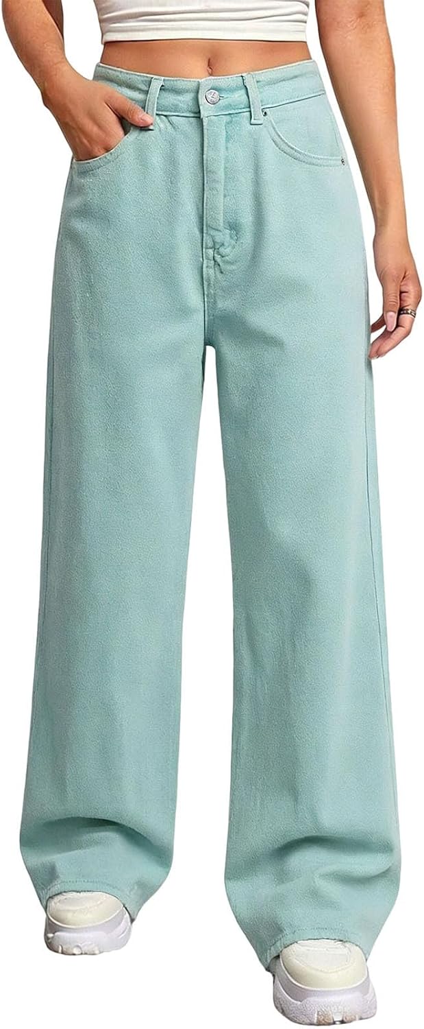 Fashion Solid Pocket Pants Cargo Style Denim Jeans with Pockets, Comfort Straight Leg Everyday Bottoms for Women