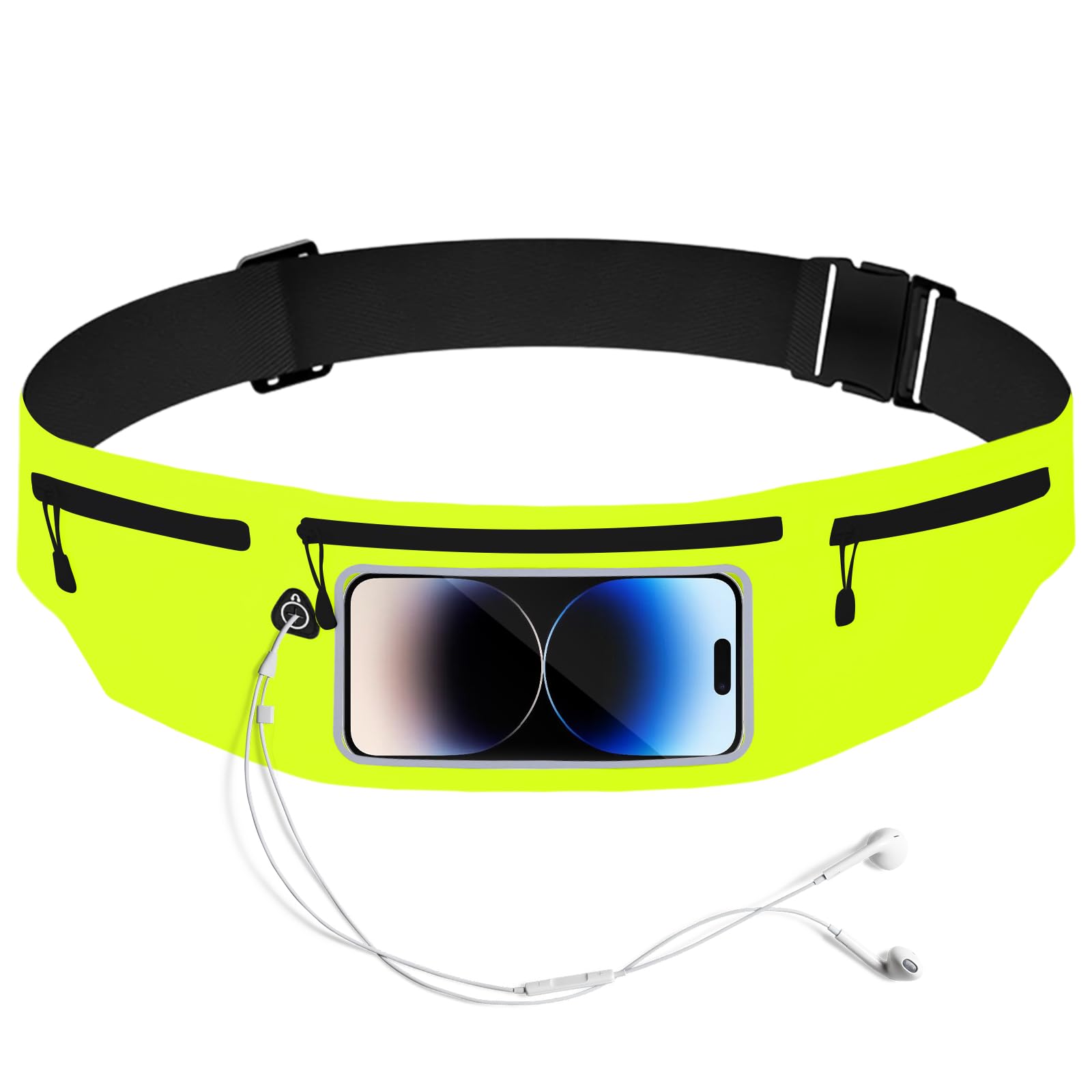 Running Belt Waist Pack with Touchscreen Phone Window, Adjustable Elastic Band, Headphone Port, Black (Fluorescent Yellow)