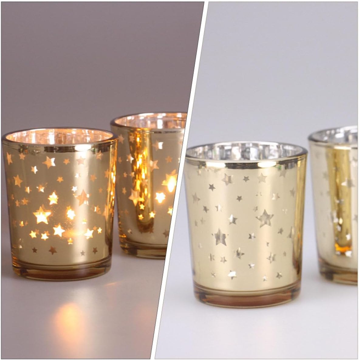 Star-Shaped Hollow Glass Candle Cups Set of 6, European Style Gold Glass Votive Candle Holders for Romantic Candlelight Dinner and Home Décor