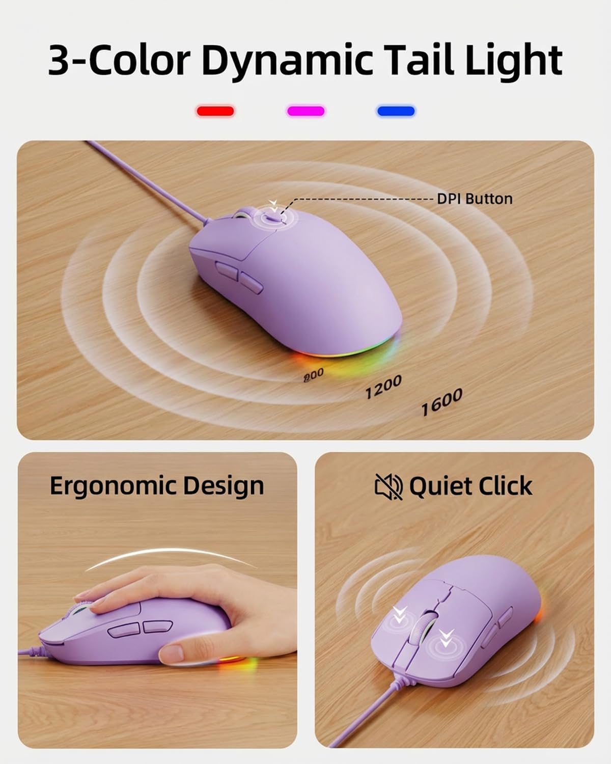 EWEADN GX710S Wired Keyboard and Mouse Combo with White Backlit Pudding Keycaps, Wrist Rest, Full Size, Metal Panel, Quiet Cute Ergonomic Computer Keyboard Mouse Set for Windows PC Desktop - Purple