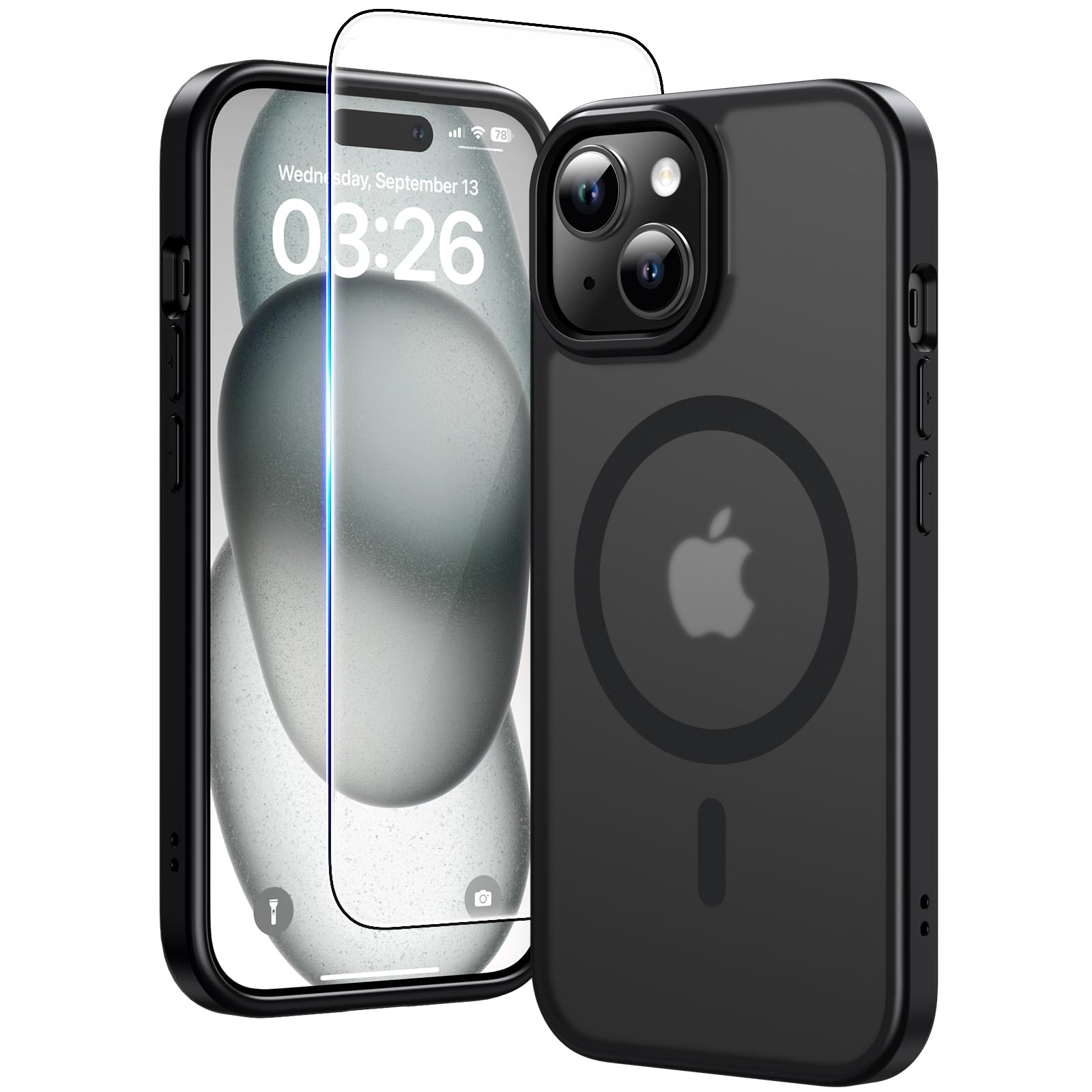 TAURI Cover Magnetica per iPhone 15, Nero Opaco | con Pellicola in Vetro Temperato,Compatibile con MagSafe,Magnetica Custodia per Sottile Anticaduta