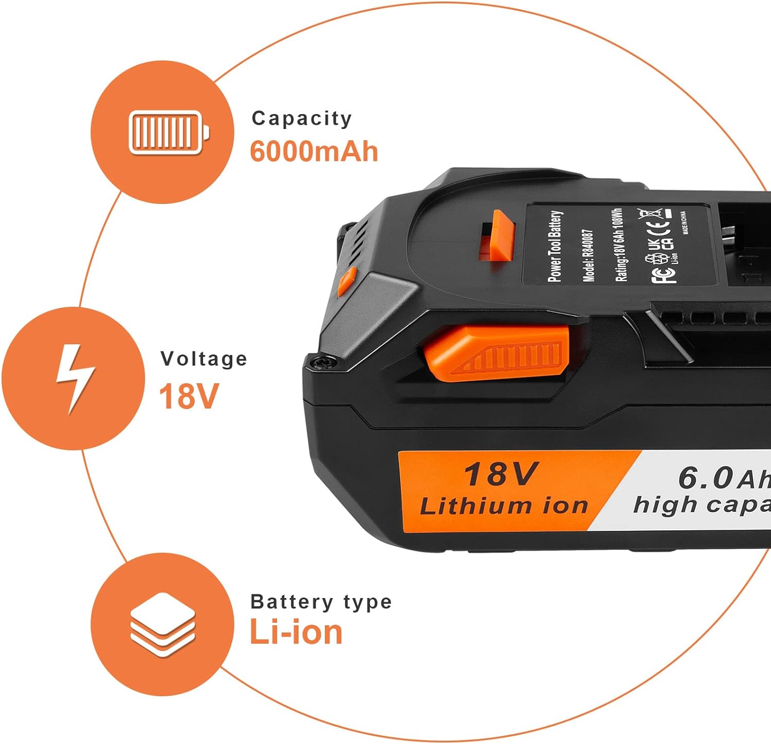 Fancy Buying 6.0Ah Replacement for Ridgid 18V Battery R840083 R840084 R840085 R840086 R840087 R840095 R86092 AC840087P 18V Cordless Drill Tools Battery