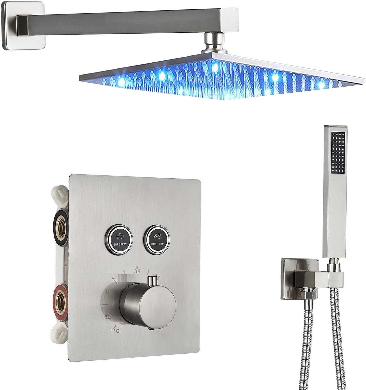 MOSSON LED Shower Faucet Set Temperature Shower System with High Pressure 12 Inches Rain Shower Head and Handheld Spray,Brushed Nickel Bathroom Luxury Rain Mixer Shower Complete Combo Set