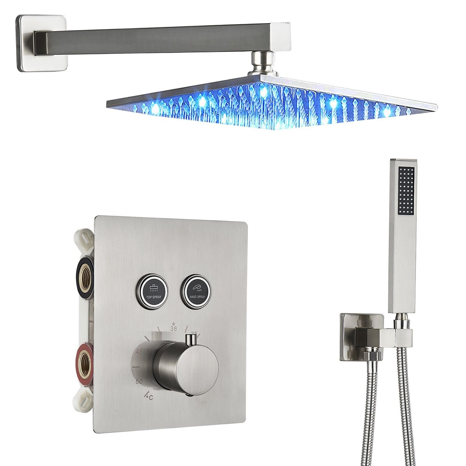 MOSSON LED Shower Faucet Set Temperature Shower System with High Pressure 12 Inches Rain Shower Head and Handheld Spray,Brushed Nickel Bathroom Luxury Rain Mixer Shower Complete Combo Set