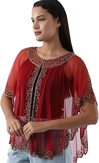 King Fashion Women's Net Hand Bead Embroidery Designer Short Cape Poncho (Red Silver)-picture-47