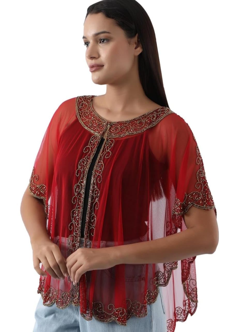King Fashion Women's Net Hand Bead Embroidery Designer Short Cape Poncho (Red Silver)-image-21