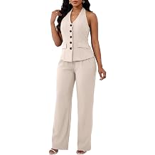 Kafiloe Women Suits 2 Piece Set Business Casual Outfits | Halter Cut Out, Sleeveless, Blazer Vest, Straight Pant Suits Dressy, Stretch Comfort, Professional Office Work