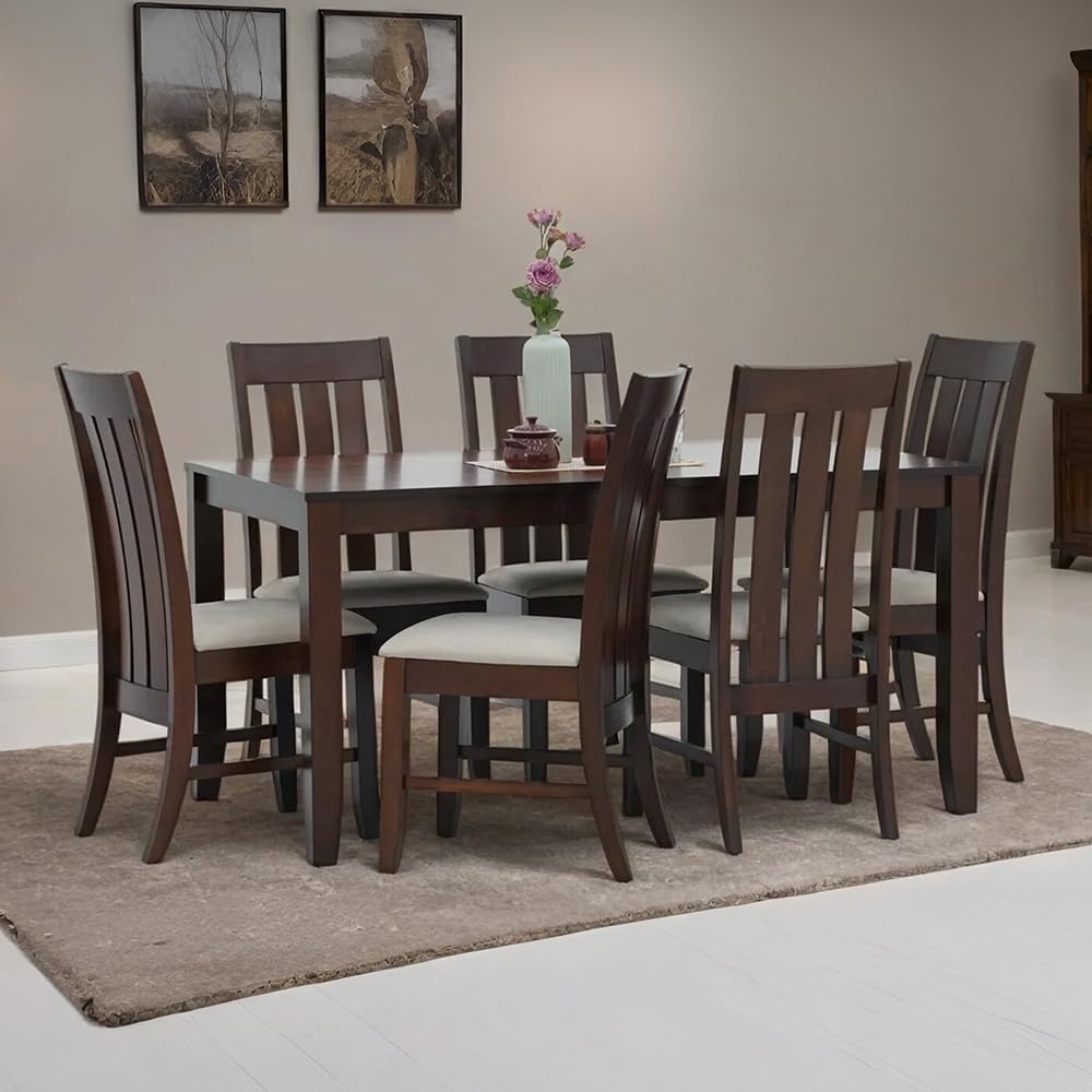 Royaloak Muar Malaysian Wooden 6 Seater Dining Table Set with Chairs | Mindy Wooden Veneer Top | Solid Wood Legs | Solid Wood Chairs | Fabric & Cushion Seats-image-11