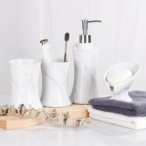 Bathroom Accessories Set 4PCS, Ceramic Marble Bathroom Accessory Set, Unique Design Bathroom Accessories Sets Complete, Leaf Shape Self Draining Soap Dish, ANTIS'S HOME