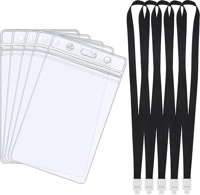 5PCS Waterproof Card Holder for Lanyard, Clear Waterproof Badge HoldersVertical, ID Card Holders Plastic, Staff Lanyards for Neck with Card Holder for Business Office Exhibition Conference