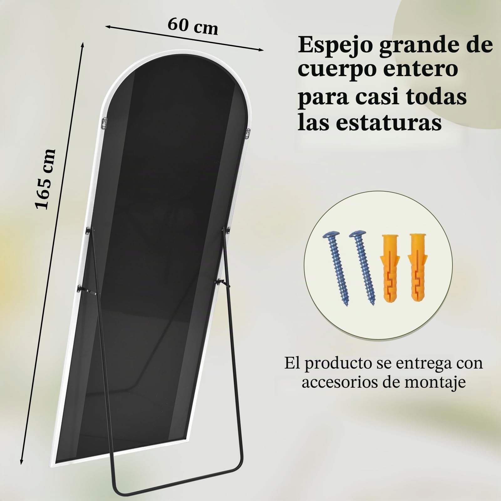 BEAUTYPEAK Espejo de cuerpo entero 165 x 60 cm blanco arco para colgar
