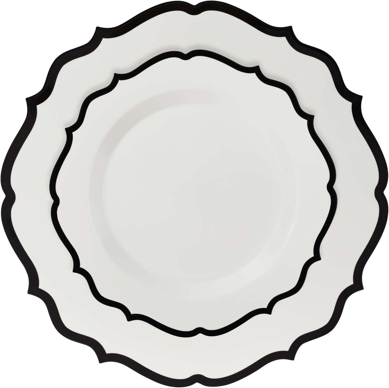 PLASTICPRO 128 Pack Elegant Disposable Plastic Plates Combo Set Bulk Pack Includes 64 Dinner Plates and 64 Salad Plates Heavy Duty Fancy Party Plates White with Black Contemporary Design