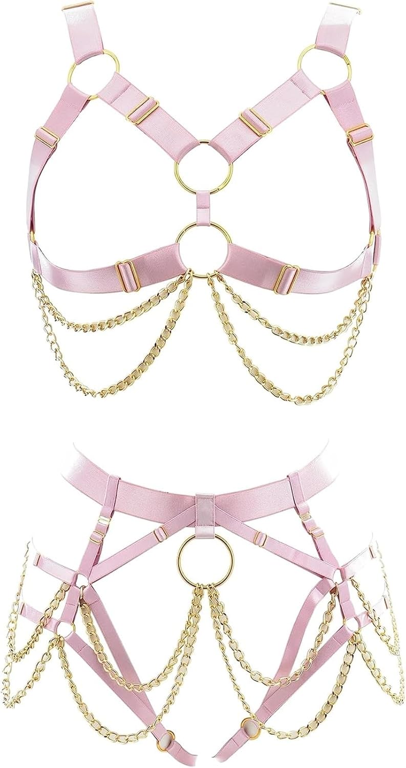 Leather Bra Harness Women Bondage Garter Belt Sexy Lingerie Adjustable Suspender Goth Chain(Pink Set)