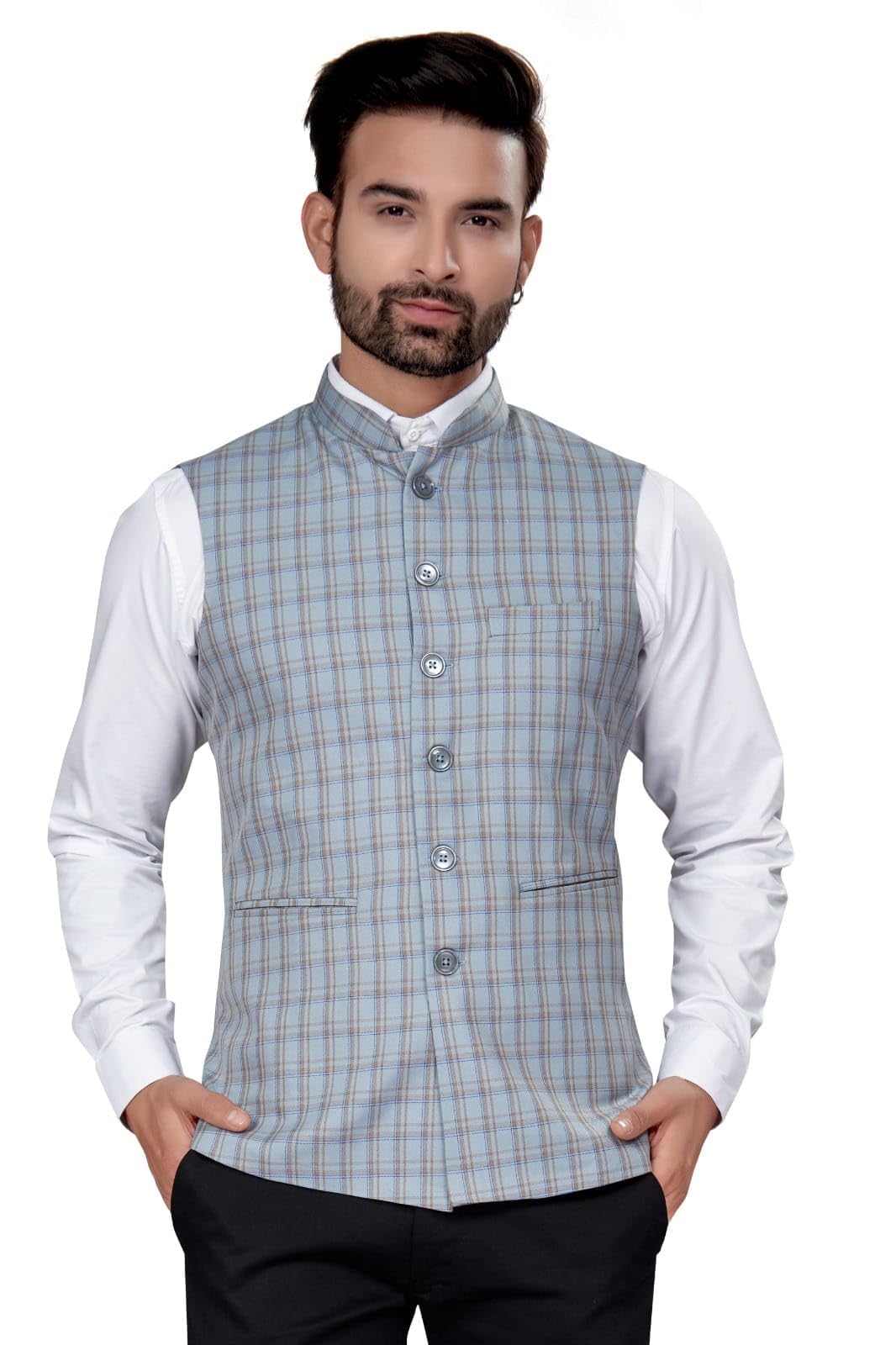 utsav fashion UTSAV Mens Checked Sleeveless Nehru Jacket with 1 welt & 2 slip pockets-picture-28