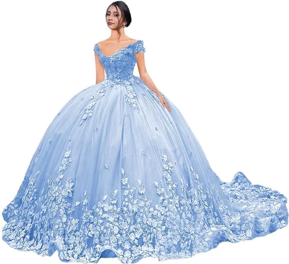 XYAYE Off Shoulder Quinceanera Dresses Puffy Lace Ball Gown for Women Beaded Sweet 16 Dress with Train